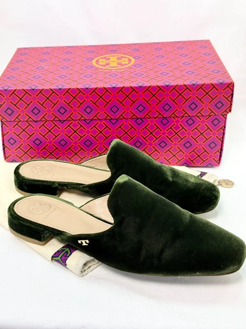 Tory Burch Carlota Velvet Slide Mules Green Banana Leaf Size 7